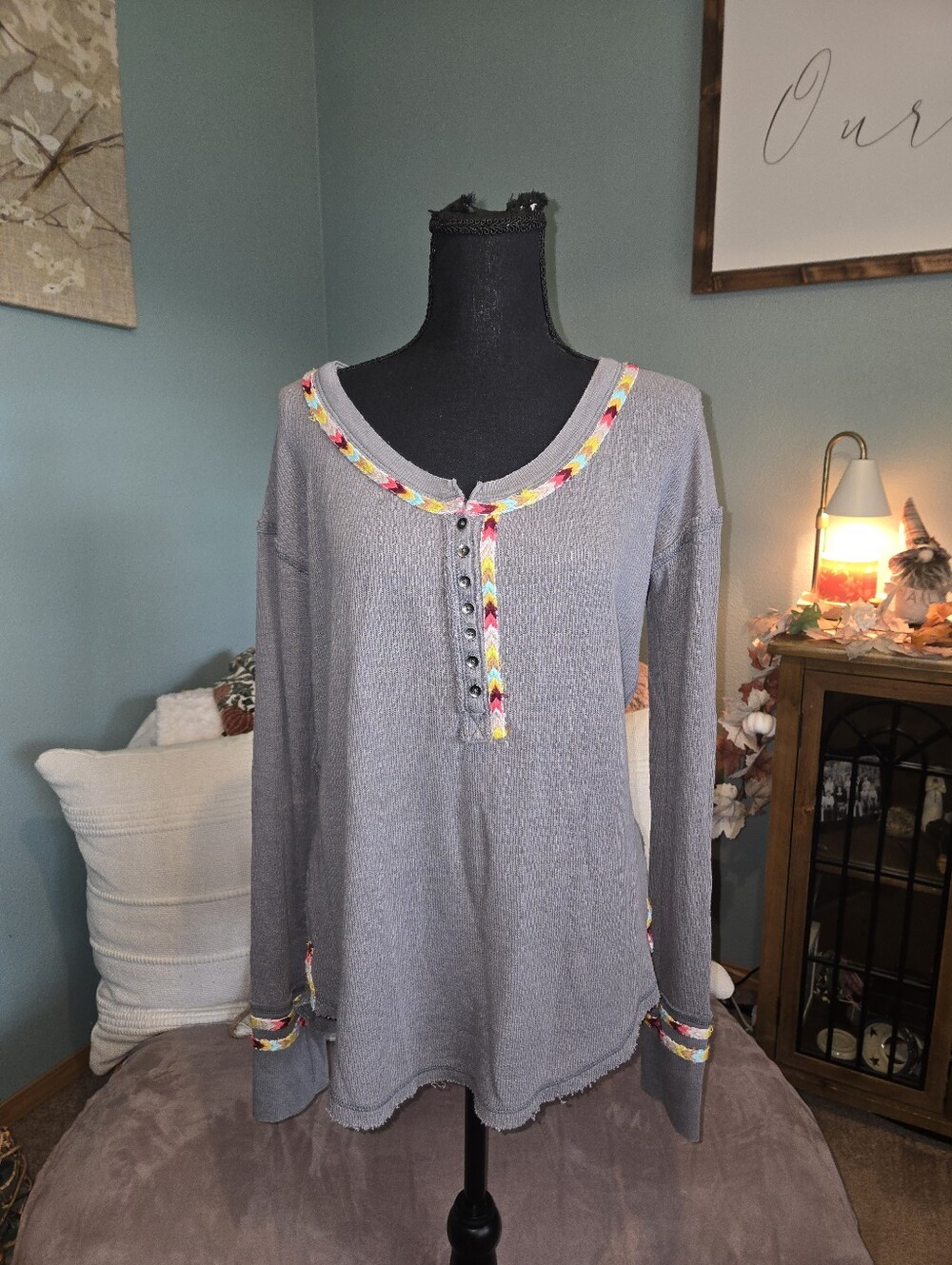 We The Free Gray Long Sleeve Henley with Multicolor Braided Trim
